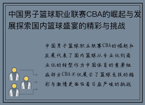 中国男子篮球职业联赛CBA的崛起与发展探索国内篮球盛宴的精彩与挑战