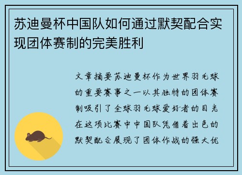 苏迪曼杯中国队如何通过默契配合实现团体赛制的完美胜利